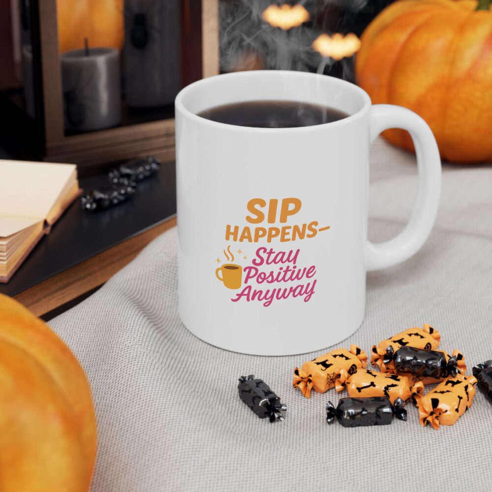 Sip Happens - Stay Posititve - Cheerful Ceramic Mug, Cute Gift for Coffee Lovers, Inspirational Quote Mug, Perfect for Birthdays, Cozy Home Decor, Fun Office Mug