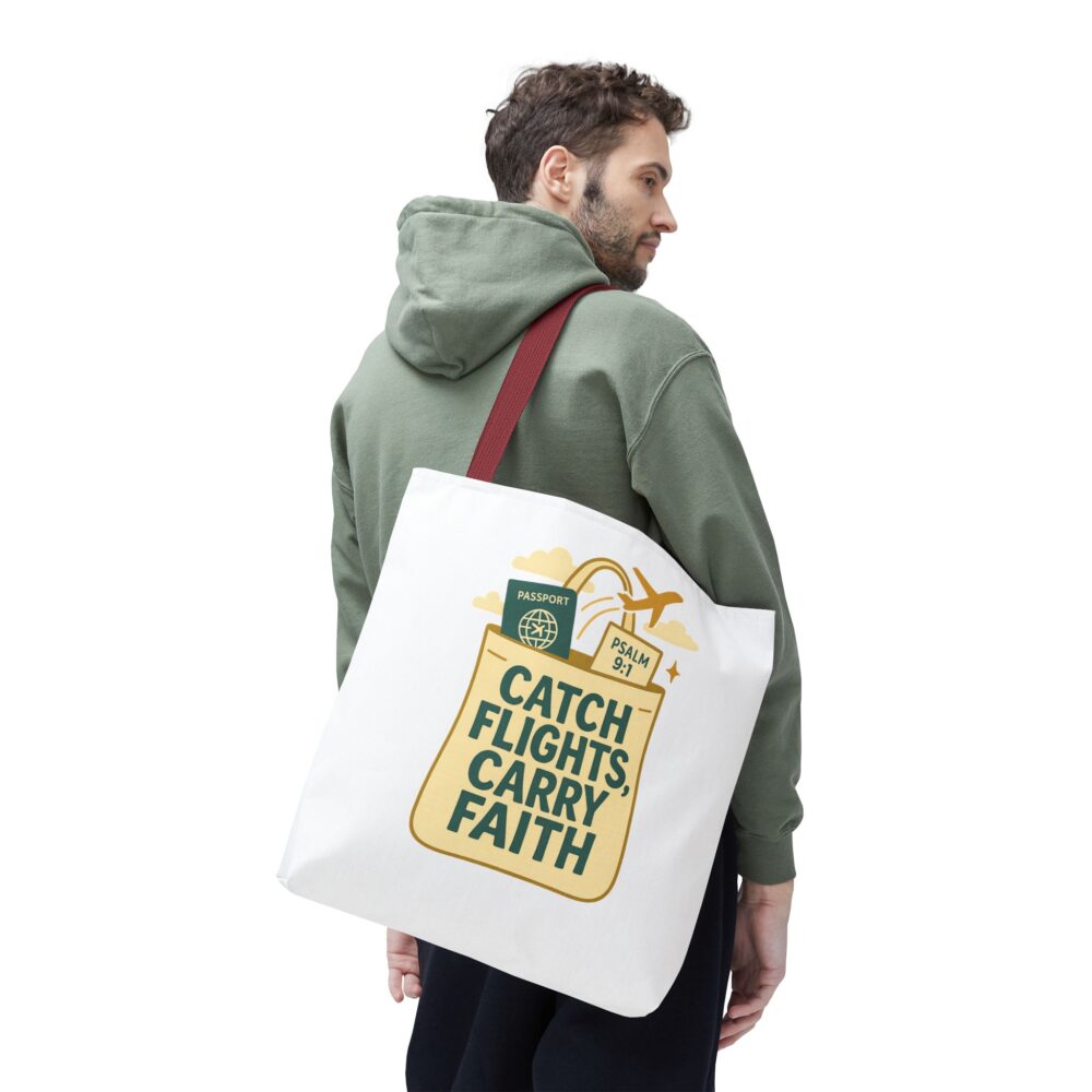 Inspirational Travel Tote Bag, Carry Faith, Catch Flights, Vacation Gear, Gift for Travelers, Christian Tote, Stylish Travel Accessories - Image 6