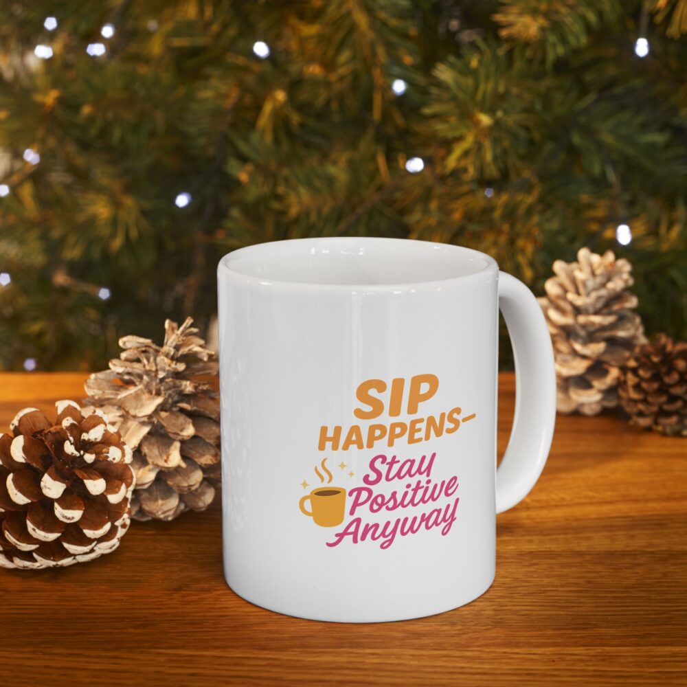 Happy Moments - Sip Happens Stay Positive Ceramic Mug, Coffee Cup for Cheerful Mornings, Gift for Friends, Motivational Drinkware, Birthday, Holiday