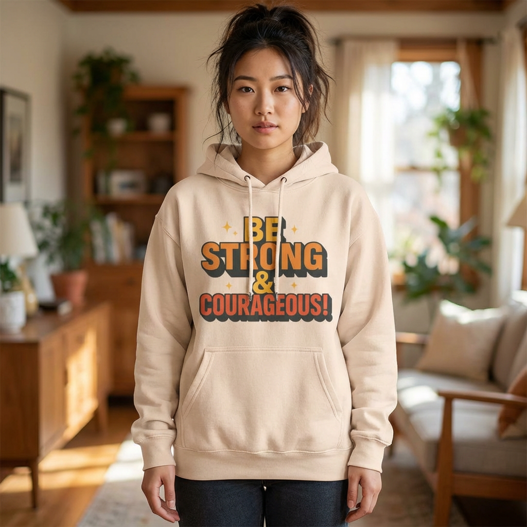 Be Strong & Courageous Hoodie - Motivational Fleece Sweatshirt, Inspirational Apparel, Cozy Gift for Friends, Self-Care, Encouragement