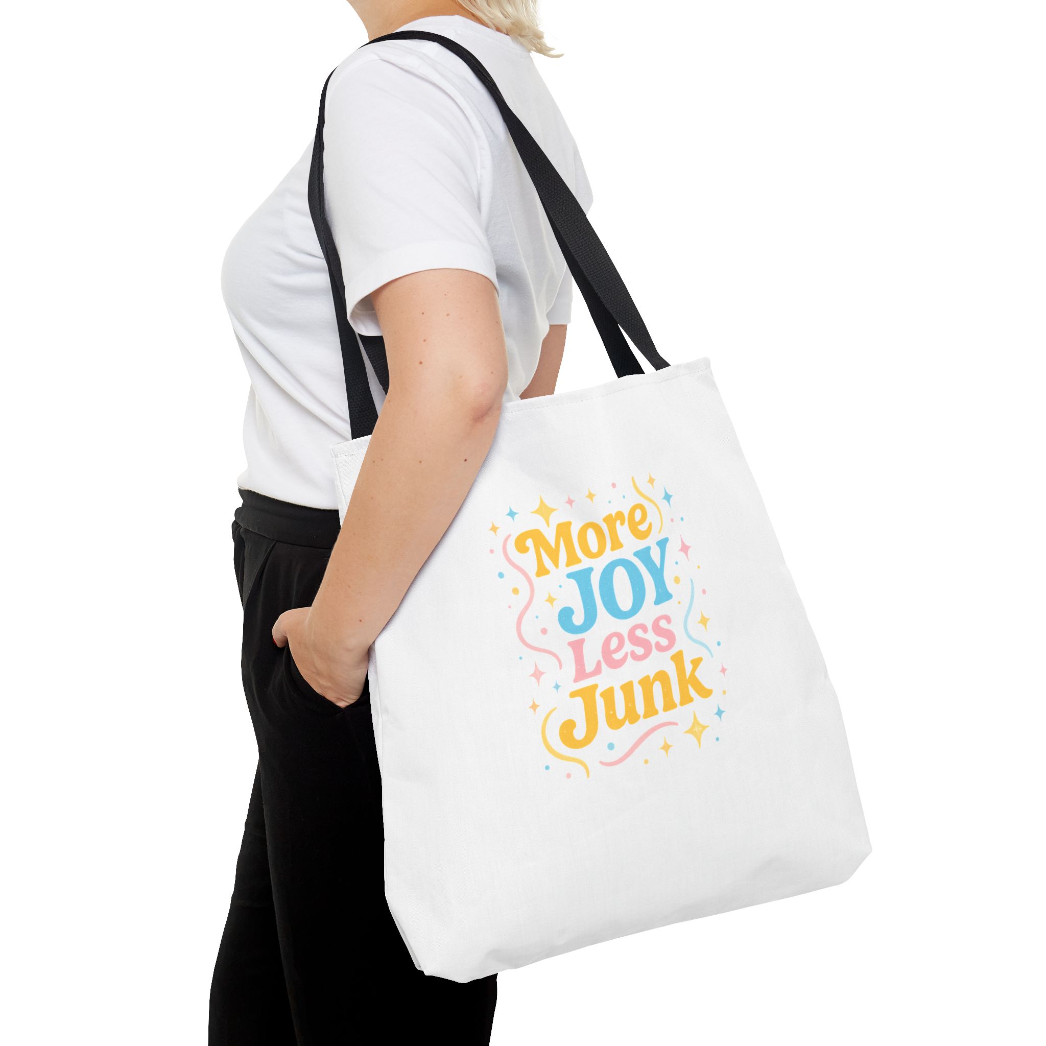 Joyful Tote Bag - More Joy Less Junk - Eco-Friendly Reusable Shopping Bag, Gift for Friends, Stylish Grocery Tote, Fun Everyday Tote - Image 6