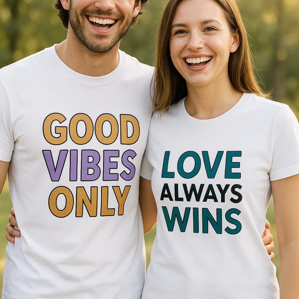 Matching Couple T-Shirts – Good Vibes Only & Love Always Wins, Positive Couples Shirt Set, His and Hers Tee, Romantic Gift